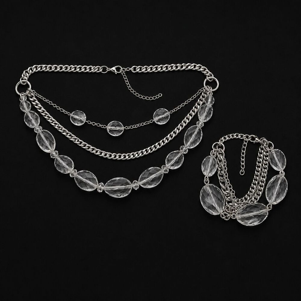 Set of 2 - Nena Necklace 18" - 21" & Bracelet 9" - 12" Silver Tone & Clear Beads